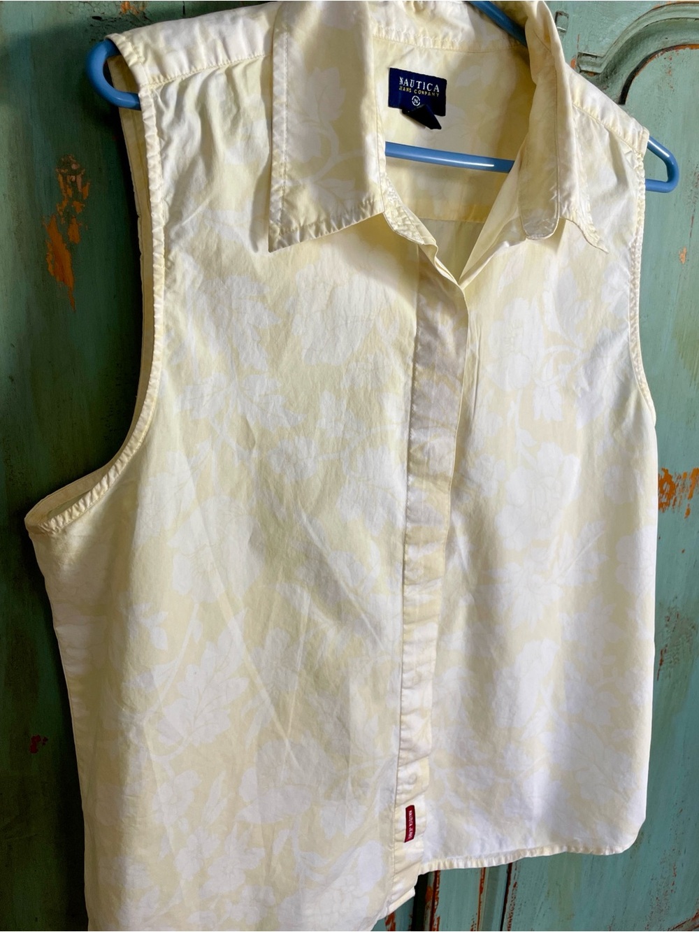 NAUTICA Pale Yellow Floral Poplin Cotton Sleeveless Button-Down Shirt, Size XL